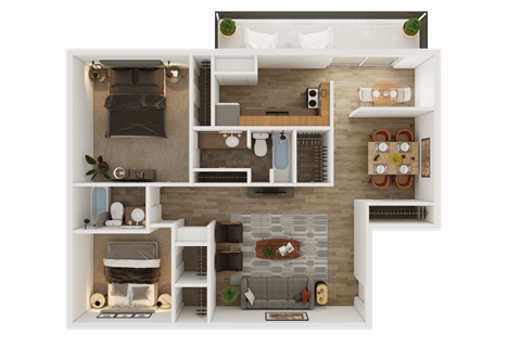 Floor plan for 2 beds, 2 baths, 1096 sqft